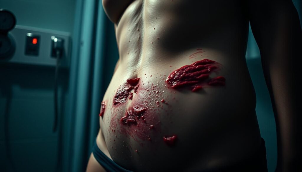 A dimly lit medical examination room, with a close-up view of a patient's abdomen showcasing the severe symptoms of Clostridioides difficile infection. The skin is reddened, inflamed, and covered in painful-looking lesions and sores. The lighting casts deep shadows, heightening the sense of distress and discomfort. The camera angle is slightly low, creating a sense of vulnerability and emphasizing the gravity of the condition. The atmosphere is somber and unsettling, conveying the serious nature of the infection and the need for immediate medical attention.