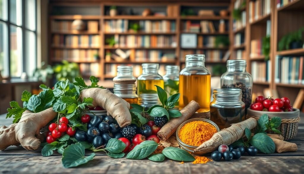 A richly-detailed, aesthetically-pleasing interior scene showcasing an assortment of natural remedies for inflammation. The foreground features an array of vibrant, freshly-harvested produce such as ginger, turmeric, berries, and leafy greens, artfully arranged on a rustic wooden table. The middle ground highlights glass jars filled with herbal tinctures and supplements, complemented by soothing, diffused lighting. In the background, bookshelves line the walls, hinting at the wealth of knowledge around natural anti-inflammatory solutions. The overall atmosphere is one of tranquility, wellness, and the power of nature to promote a healthy gut and reduce inflammation.