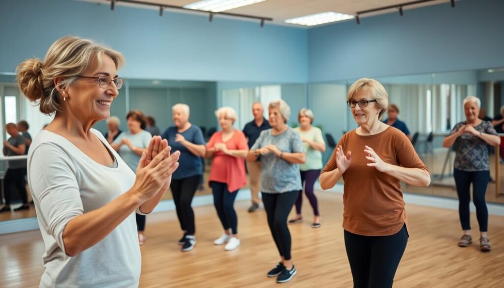 A well-lit, airy studio setting with a group of active seniors performing a variety of low-impact aerobic exercises. In the foreground, a female instructor demonstrates step-touches and leg raises, her face serene and encouraging. In the middle ground, a diverse group of older adults follow along, their expressions focused yet relaxed. The background features mirrors, exercise equipment, and soft lighting that creates a welcoming, motivational atmosphere. The scene conveys the benefits of moderate, sustainable aerobic activity for improving cardiovascular health and overall wellbeing in the golden years.