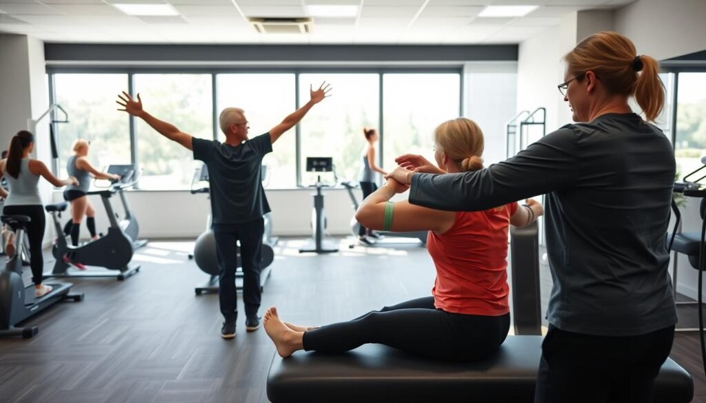 A well-lit, high-resolution image of a physical therapy session, showcasing various techniques and exercises. In the foreground, a physical therapist guides a patient through a series of stretches and strengthening movements, using resistance bands and stability balls. In the middle ground, other patients perform light cardio exercises, such as walking on treadmills or pedaling stationary bikes. The background depicts a modern, spacious rehabilitation clinic with large windows, natural lighting, and state-of-the-art equipment. The overall atmosphere conveys a sense of wellness, progress, and the benefits of physical therapy for improving mobility, reducing pain, and enhancing overall physical and mental well-being. A well-lit, high-resolution image of a physical therapy session, showcasing various techniques and exercises. In the foreground, a physical therapist guides a patient through a series of stretches and strengthening movements, using resistance bands and stability balls. In the middle ground, other patients perform light cardio exercises, such as walking on treadmills or pedaling stationary bikes. The background depicts a modern, spacious rehabilitation clinic with large windows, natural lighting, and state-of-the-art equipment. The overall atmosphere conveys a sense of wellness, progress, and the benefits of physical therapy for improving mobility, reducing pain, and enhancing overall physical and mental well-being.