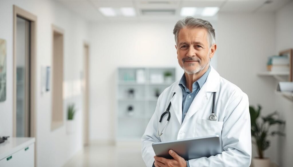 Prompt A portrait of a medical specialist in neuropathy, standing in a clinical setting with a thoughtful expression. The foreground features the specialist, a middle-aged person with a kind, empathetic demeanor, dressed in a white lab coat and holding a tablet. The background depicts a modern, well-lit medical office with clean, minimalist decor. Soft, natural lighting illuminates the scene, creating a calming and professional atmosphere. The specialist's posture and gaze convey a sense of expertise and dedication to understanding and treating the complexities of peripheral neuropathy. Prompt A portrait of a medical specialist in neuropathy, standing in a clinical setting with a thoughtful expression. The foreground features the specialist, a middle-aged person with a kind, empathetic demeanor, dressed in a white lab coat and holding a tablet. The background depicts a modern, well-lit medical office with clean, minimalist decor. Soft, natural lighting illuminates the scene, creating a calming and professional atmosphere. The specialist's posture and gaze convey a sense of expertise and dedication to understanding and treating the complexities of peripheral neuropathy.