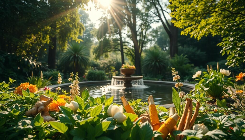 A lush, verdant garden filled with an array of natural remedies for high blood pressure. In the foreground, a vibrant selection of herbs and botanicals - ginger, garlic, and turmeric prominently displayed. The middle ground reveals a soothing water feature, its gentle ripples reflecting the soft, warm lighting. In the background, towering trees cast a calming, natural silhouette, creating an atmosphere of serenity and balance. The scene is captured with a wide, cinematic lens, highlighting the harmonious integration of nature's healing powers. Rays of golden sunshine filter through the leaves, accentuating the rich, earthy tones and the overall sense of tranquility.