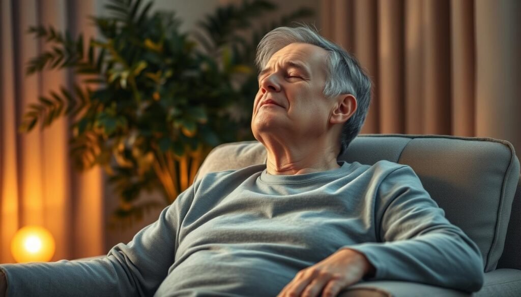 A middle-aged person seated in a comfortable armchair, eyes closed, face relaxed. Soft, warm lighting illuminates the scene, casting a gentle glow. In the background, a lush, verdant indoor plant adds a touch of serenity. The person's posture is upright yet tension-free, with their arms resting on the chair's armrests. An atmosphere of deep tranquility and stress relief pervades the image, reflecting the calming nature of progressive muscle relaxation. The camera angle is slightly elevated, creating a sense of intimacy and introspection.