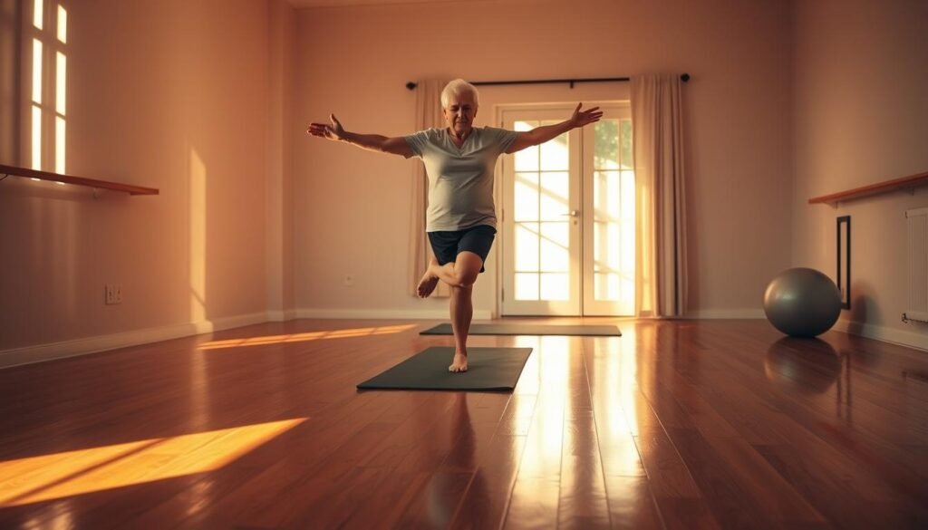 A cozy, well-lit studio with warm, natural lighting. In the foreground, an elderly person performing a basic balance exercise, standing on one leg, their arms outstretched for stability. In the middle ground, their silhouette is reflected on the polished wooden floor, adding depth and dimension. The background features a clean, minimalist setting with simple exercise equipment, such as a yoga mat and a stability ball, creating a serene and calming atmosphere. The overall mood is one of gentle movement, focus, and the empowerment of aging gracefully.