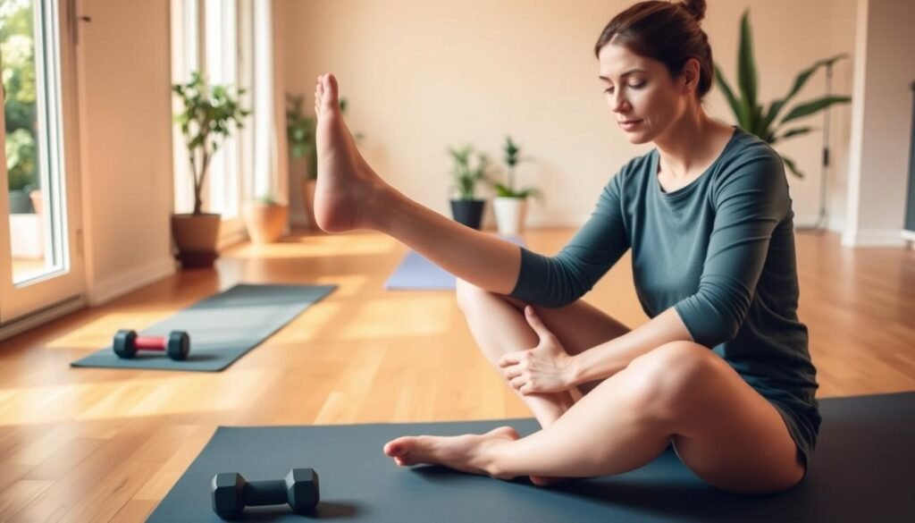 A sunny, well-lit room with hardwood floors. In the foreground, a person sits cross-legged, performing gentle leg raises and ankle rotations. Their expression is focused, yet serene. In the middle ground, a yoga mat and a pair of dumbbells suggest a variety of low-impact exercises. The background features potted plants, allowing a sense of tranquility and natural healing. Warm, diffused lighting creates a calming atmosphere, highlighting the simplicity and accessibility of these easy, circulation-boosting exercises.