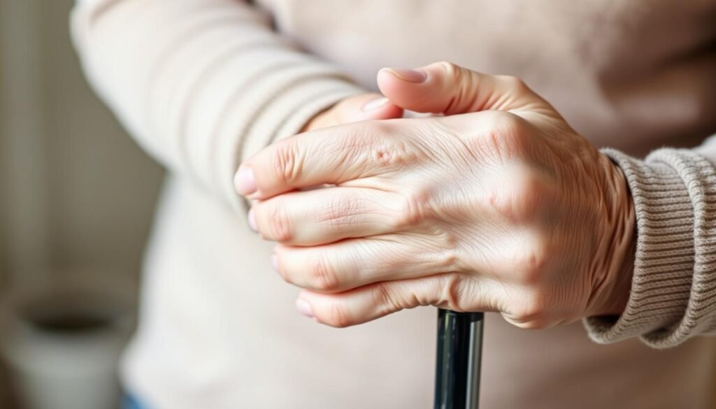 A well-lit, close-up shot of an elderly person's hands carefully grasping a sturdy walking cane, conveying a sense of stability and security. The cane's surface reflects the soft, diffused lighting, highlighting its sturdiness. The person's fingers are wrapped around the handle, showcasing a firm yet gentle grip. The background is slightly blurred, placing the focus on the hands and the cane, symbolizing the importance of proper equipment and support for senior balance exercises. The overall mood is one of confidence, care, and a commitment to safe, active aging.