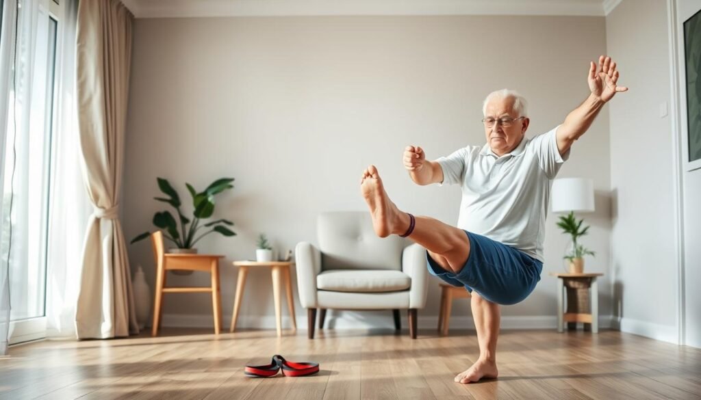 A well-lit, high-resolution image of a senior adult performing a series of effective leg exercises in a comfortable home setting. The foreground shows the elderly person executing various movements like leg raises, squats, and calf raises with proper form and stability. The middle ground includes minimal but relevant fitness equipment like resistance bands and a sturdy chair. The background has a calming, neutral color palette to keep the focus on the exercises. The overall mood is one of safety, simplicity, and empowerment, encouraging seniors to engage in these beneficial leg workouts.