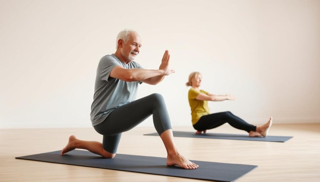 A well-lit, high-resolution studio photograph of an older adult performing a series of leg exercises on a yoga mat, with a focus on strengthening the knees and legs. The subject is wearing comfortable, supportive athletic wear and is surrounded by minimal, clean background elements that emphasize the exercises. The lighting is soft and diffused, creating a warm, calming atmosphere. The camera angle is slightly elevated, providing a clear view of the subject's proper form and technique. The image conveys a sense of guidance and encouragement for seniors looking to improve their leg strength and mobility.