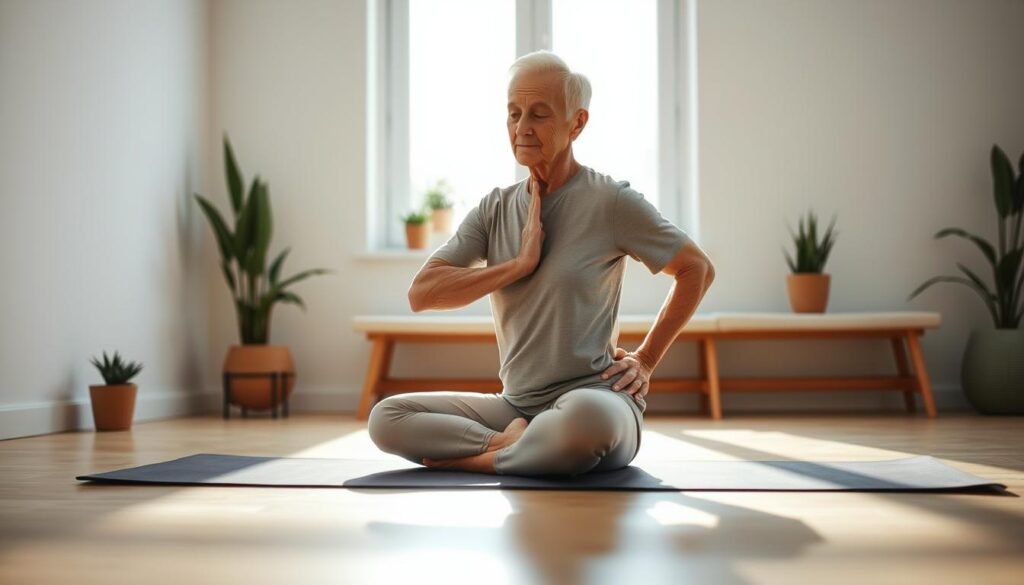 A dimly lit, warm-toned studio setting. An elderly person sitting on a yoga mat, performing a hip-strengthening exercise with focus and determination. Soft natural light filters in through a large window, casting gentle shadows. The background features simple, uncluttered decor - potted plants, a minimalist bench, and calming, earthy tones. The subject's expression conveys a sense of mindfulness and engagement. The pose highlights the major muscle groups being targeted, showcasing a senior-friendly, low-impact movement that promotes balance and stability.