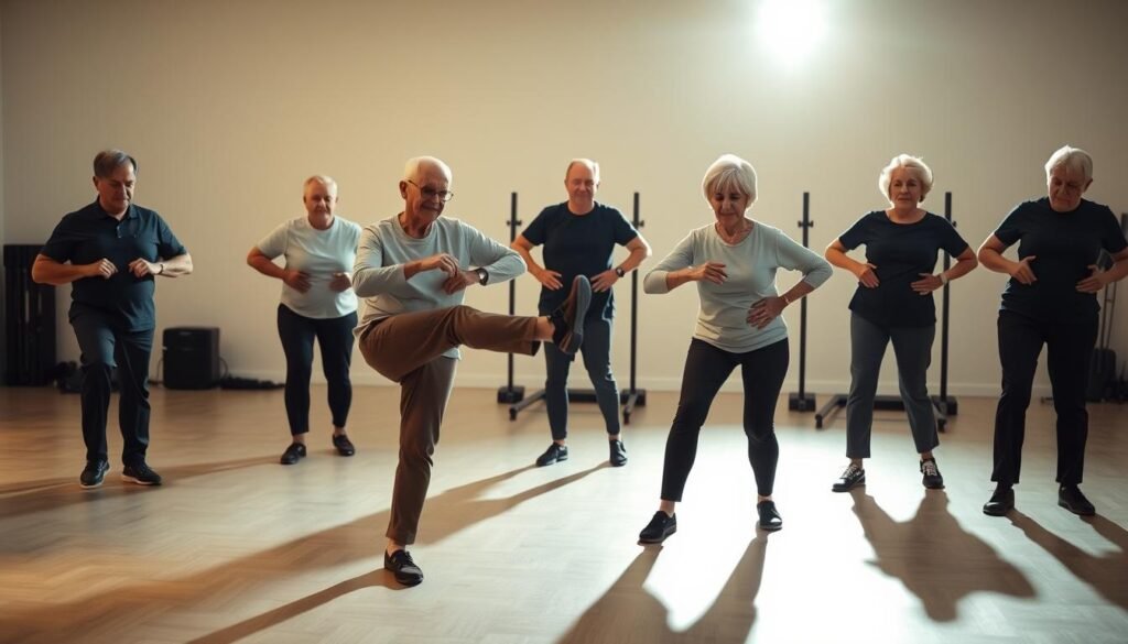 A well-lit studio scene showcasing a group of active senior citizens performing a variety of effective hip exercises. In the foreground, an elderly man and woman are doing lateral leg raises, their faces exuding determination. In the middle ground, another pair are engaging in standing hip circles, their movements fluid and controlled. The background features a clean, minimalist setting with sleek exercise equipment, creating a sense of professionalism and expertise. Subtle, warm lighting illuminates the scene, highlighting the participants' focused expressions and the graceful execution of the exercises. The overall atmosphere conveys the importance of maintaining hip strength and mobility in the golden years.