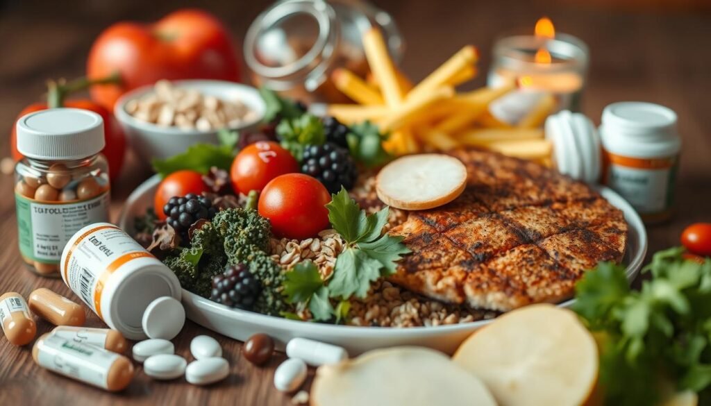 a detailed close-up view of a heart-healthy meal with a variety of fresh ingredients including whole grains, vegetables, and a protein source, surrounded by supplements and medications for managing cholesterol levels, all lit by warm natural lighting and captured with a professional-grade camera lens to create a calm, informative atmosphere that emphasizes the importance of a balanced diet and medication for maintaining cardiovascular health