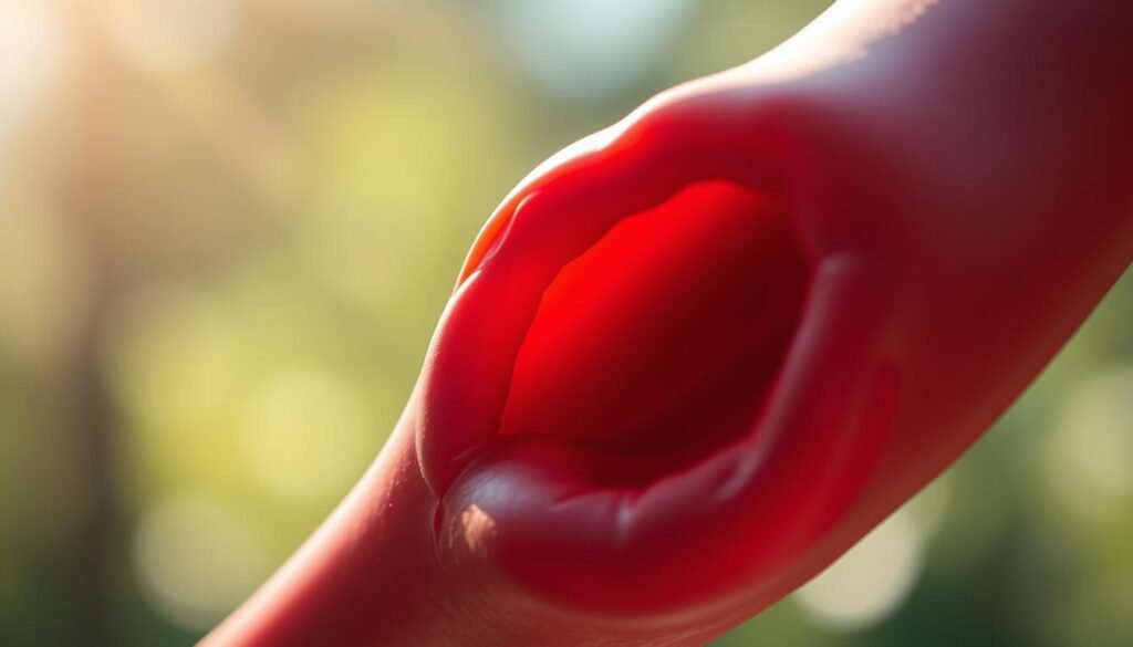 a serene, close-up view of a healthy human artery, its lumen clear and unobstructed, surrounded by smooth, pliable arterial walls with a warm, glowing appearance. The scene is illuminated by soft, natural lighting, creating a tranquil and inviting atmosphere. The artery is depicted in the center of the frame, filling the majority of the composition, with a blurred, out-of-focus background suggesting a peaceful, natural setting. The image conveys a sense of vitality and wellness, highlighting the benefits of maintaining clean, unclogged arteries through natural means.